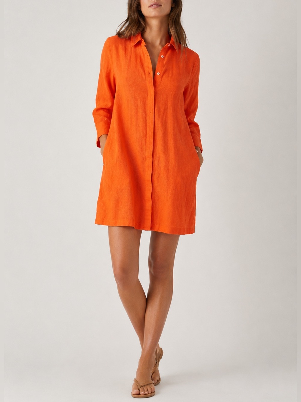 Perlavera 100% Linen Lorry Mini Dress Size S Orange Long-Sleeve Elegant Beach